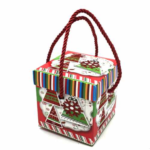 [HN0332] Caja cuadrada con tapa, diseño navideño, con asas de cuerda