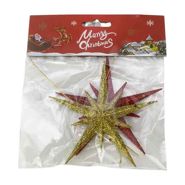 Adorno navideño estrella para colgar x2, con brillantina, en bolsa