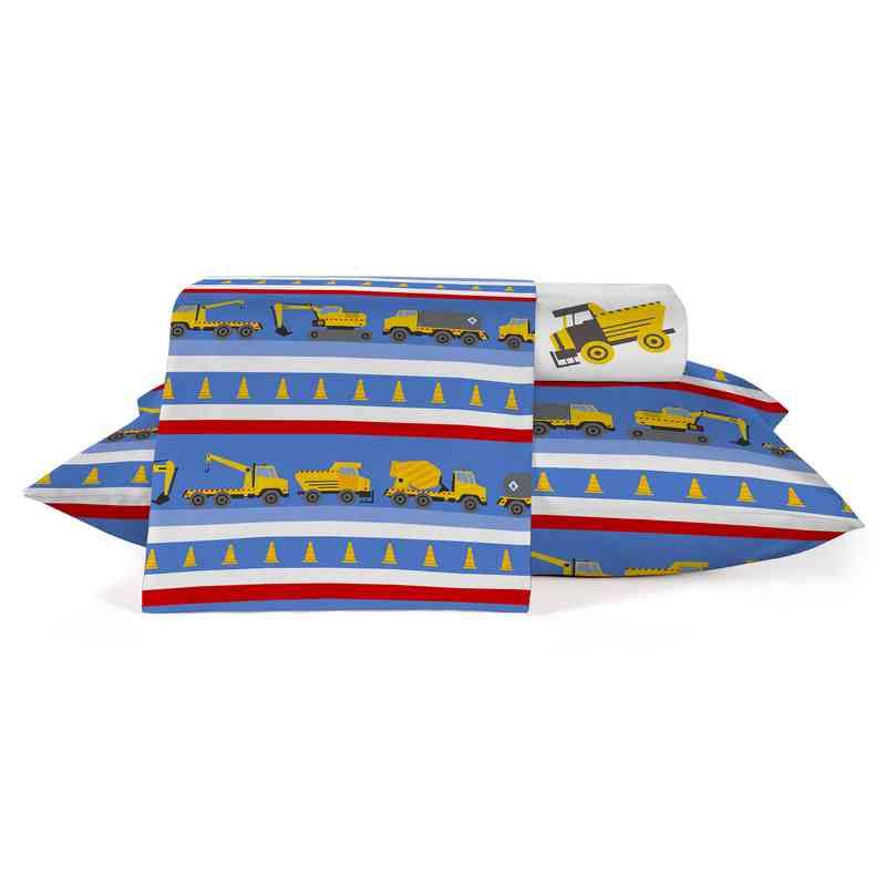 [HV1253C] Sábanas 1 plaza Berlina by Teka, diseño camiones, 88x188x30 140x220 50x70cm, set de 3 piezas, 100% algodón, 120 hilos, en sobre de PVC