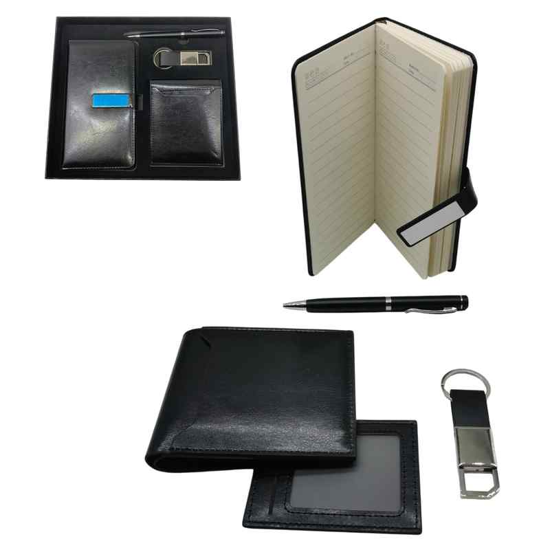 Billetera de caballero de PU, con libreta, lapicera y llavero, en caja