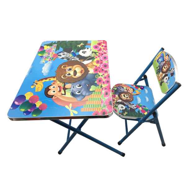 [J2514A] Mesa y silla plegable, madera y metal AZUL, varios diseños en caja