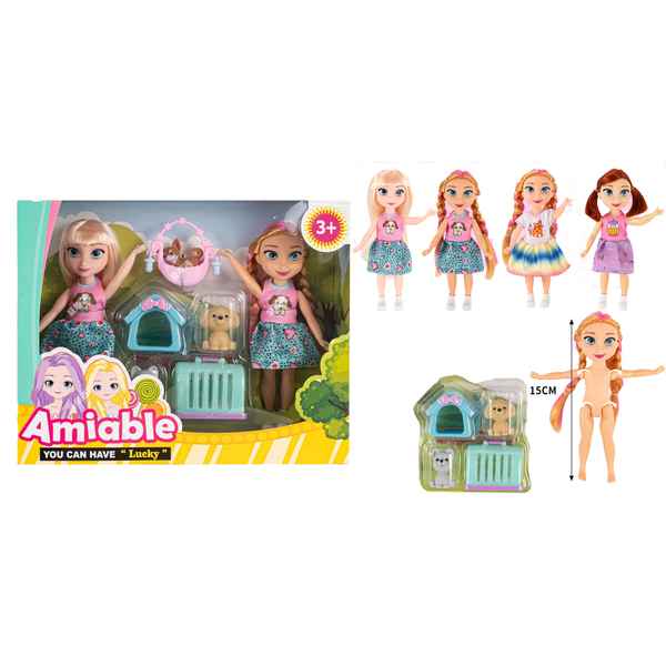 [JA2217] Muñeca x2 con accesorios mascotas, en caja