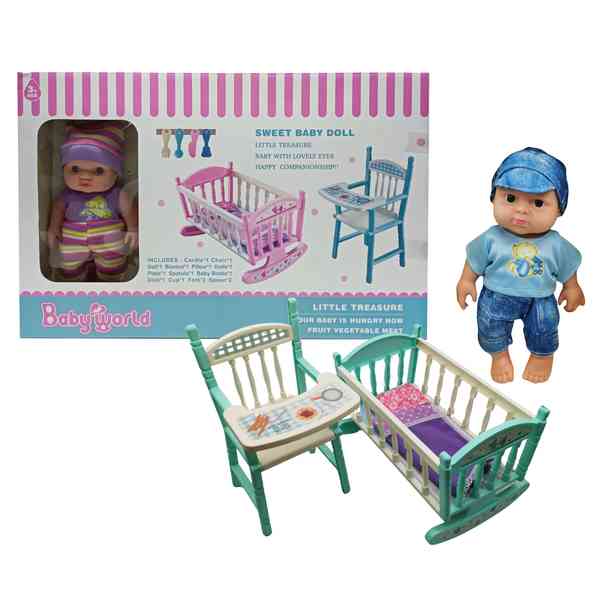 [JA2336] Bebote, cuerpo de plástico y cara de goma, con cuna y silla de comer, en caja