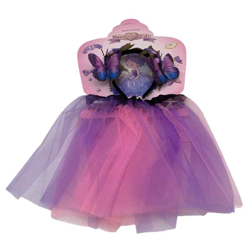 Disfraz pollera, tiara de mariposas, en bolsa