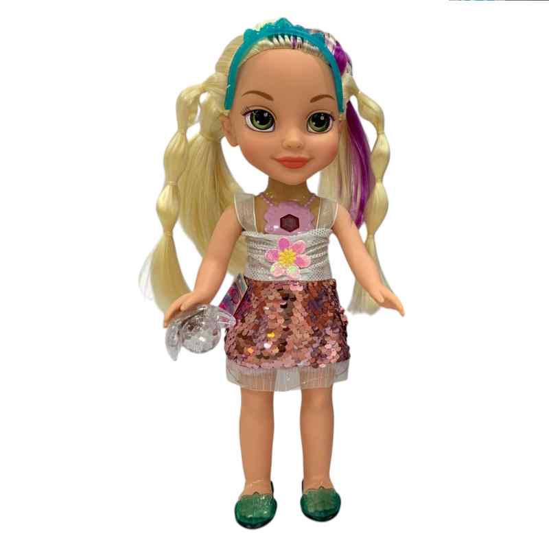 Muñeca cuerpo de plástico cara de goma, accesorios para el pelo, con luz y sonido, 3AA, en caja