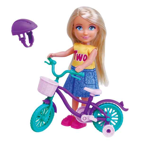 Muñeca articulada con bicicleta y accesorios, en caja