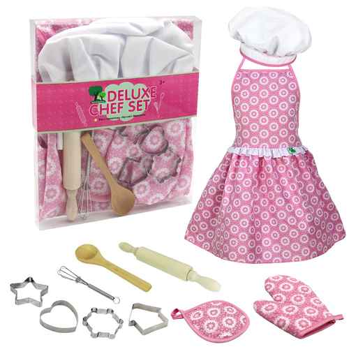 Set de cocina, 11 piezas, con delantal, gorro, manopla y accesorios, en caja