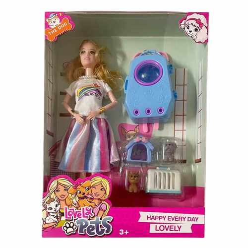 Muñeca articulada con mascota y accesorios, en caja varios diseños