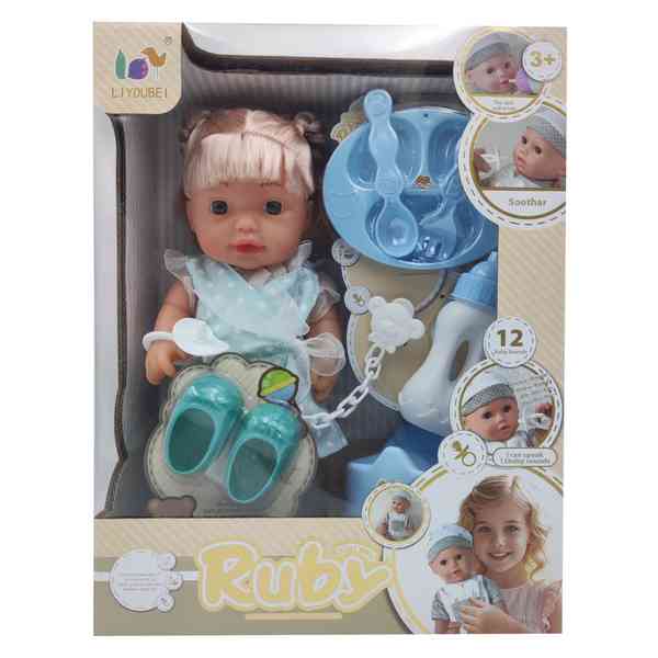 [JA2737] Muñeca, cuerpo de plástico y cara de goma, con sonido, hace pis, con accesorios, en caja