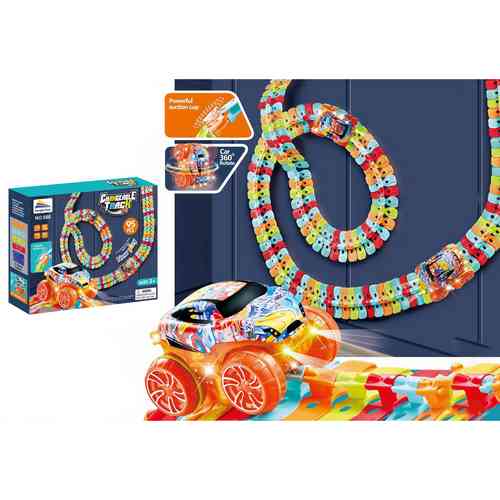 [JO5746] Pista flexible flúo con ventosas para fijar a vidrios, auto con luz, 95 piezas, 3AAA en caja