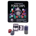 Naipes de póker con fichas, en caja de metal