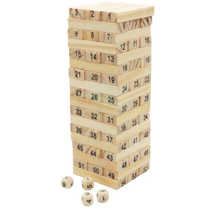 Juego de mesa, torre para armar, 54 bloques de madera y 4 dados, en caja