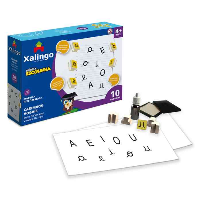 [JU6359] Sellos de letras vocales x10, XALINGO en caja