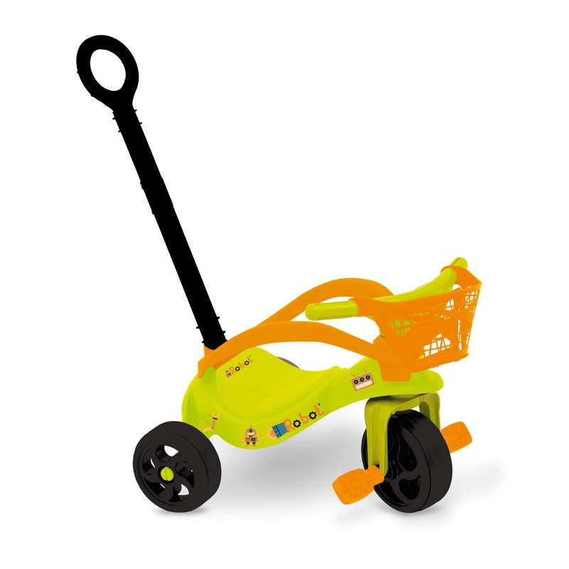 [JU6785] Triciclo de plástico con barra y canasto, robot, XALINGO en caja