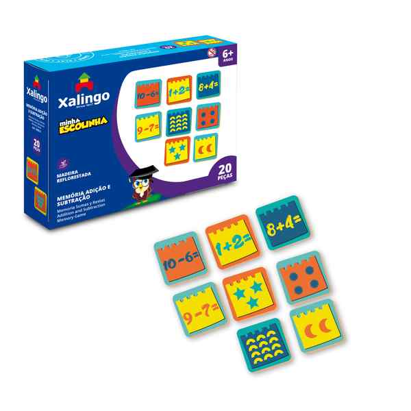 [JU6787] Juego de mesa, memoria, suma y resta, 20 piezas de madera, XALINGO en caja