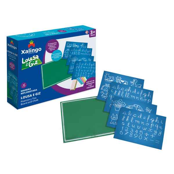 [JU6793] Juego de mesa, pizarrón de madera con tizas, borrador y láminas, XALINGO en caja