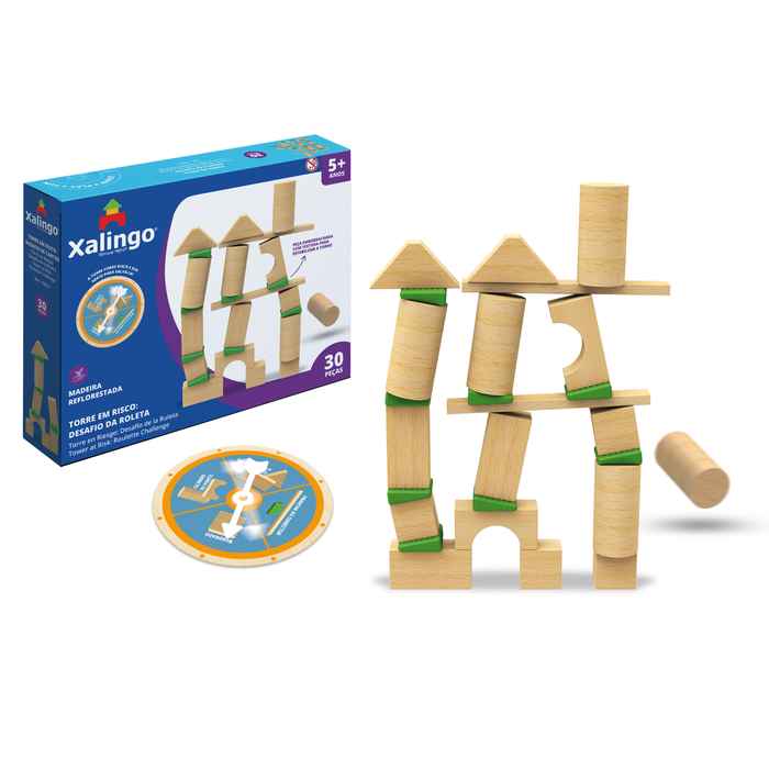 [JU6800] Juego de mesa, torre de equilibrio con ruleta, de madera XALINGO en caja