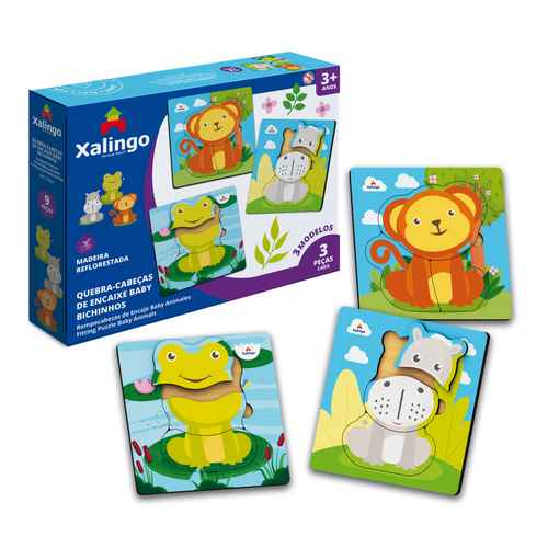 [JU6802] Puzzle de madera, 3 piezas, 3 diseños animales, XALINGO en caja