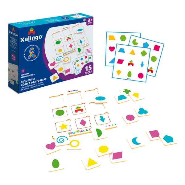 [JU6819] Juego de mesa, secuencia lógica de formas, 15 piezas de madera, XALINGO en caja