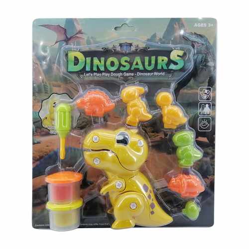 [JU6943] Masa para modelar x2 potes, con dinosaurio para armar y moldes, en blister 2 colores