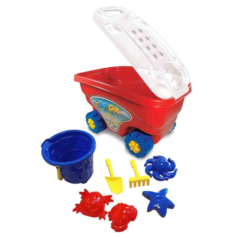Juego para playa, carrito, balde y 6 piezas, varios colores