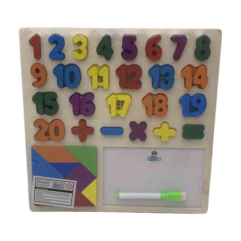 Encastre de madera, letras-números, con pizarra y marcador