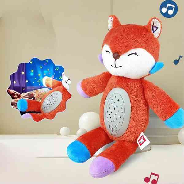 [JU8116] Dormidera peluche zorro, con proyector de luz y música, 3AAA, en bolsa