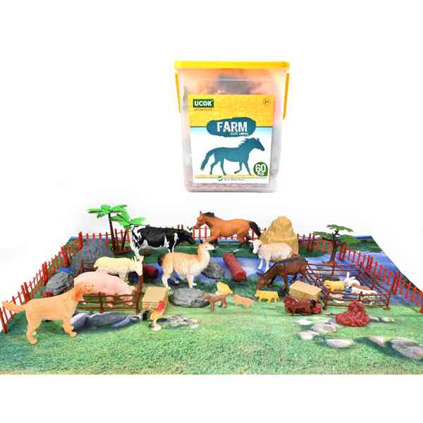 Animales de granja de plástico, 60 piezas, en balde