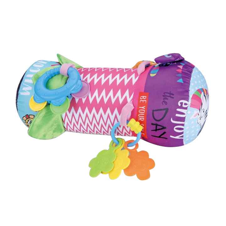 Almohada rolo infantil, de tela con sonajeros y accesorios, en cartón