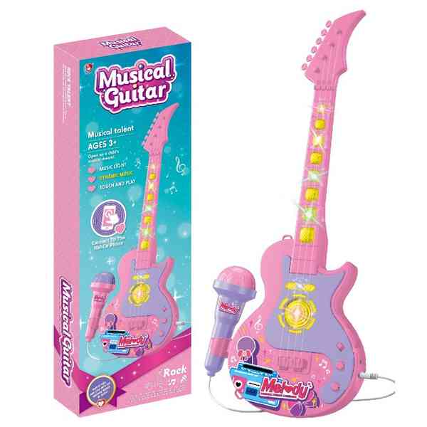 [JU8430] Guitarra de plástico con luz y sonido, con micrófono, conexión jack para celular, 3AA, en caja