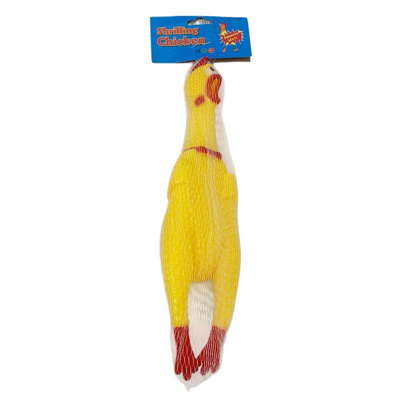 Animal de goma pollo, con chifle, en red