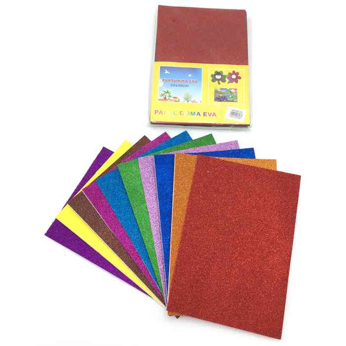 [E1798] Hojas A4, goma EVA con brillantina y pegamento, x10 colores