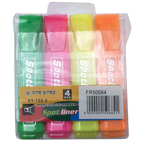 [E2176] Marcador resaltador flúo x4, punta biselada, en estuche de PVC
