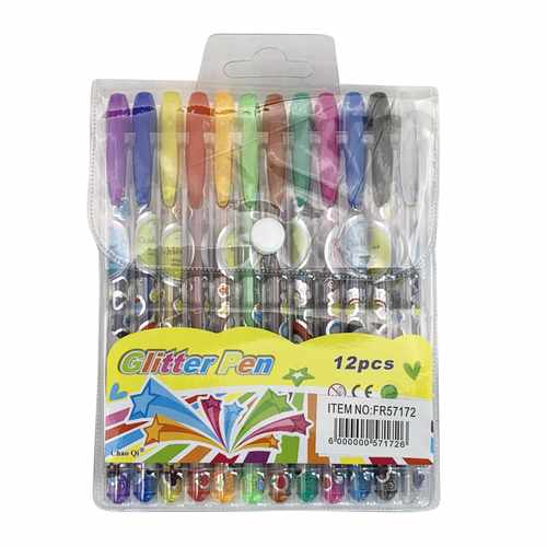[E2700] Lapicera de gel, x12 colores con brillantina, en estuche de PVC