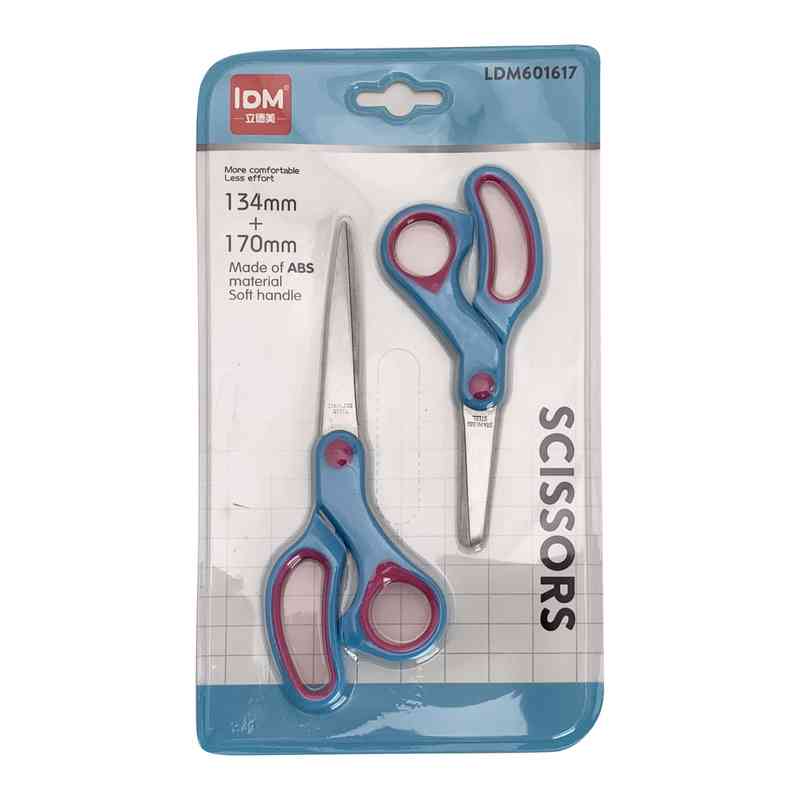 [E2784] Tijera x2, mango anatómico, 13cm y 17cm en blister varios colores