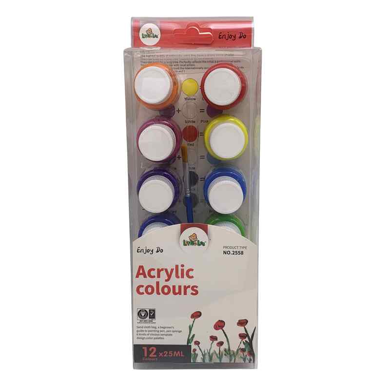 [E2837] Pintura acrílica x12 frascos 25ml, con pincel en caja