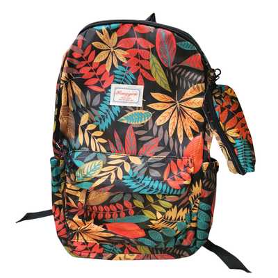 Mochila juvenil, bolsillo frontal y 2 bolsillos laterales, con cartuchera varios diseños, en bolsa
