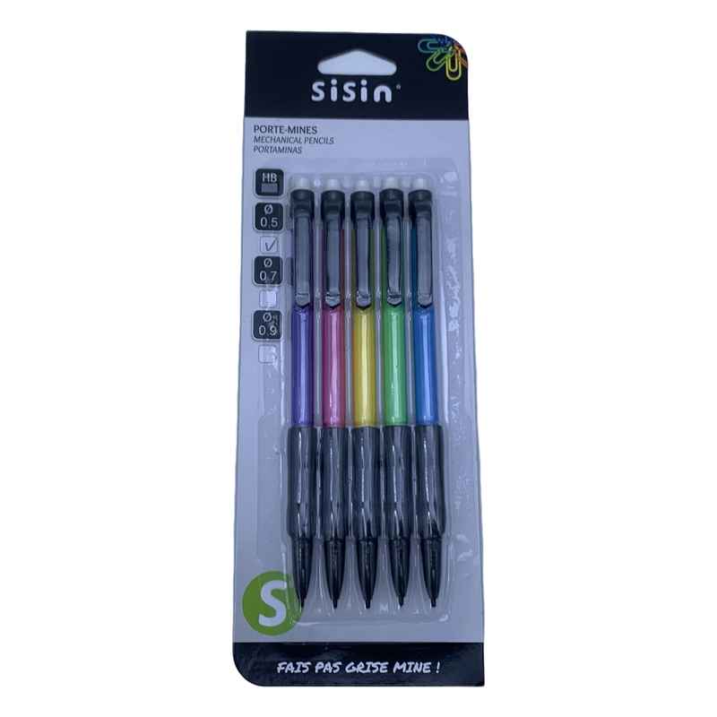 [E3093] Lápiz mecánico de plástico x5, con goma, punta 0.5mm, en blister