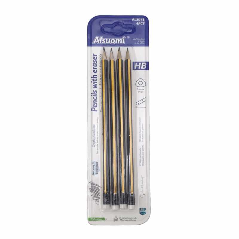 [E3191] Lápiz negro HB x4, con goma, hexagonal, en blister