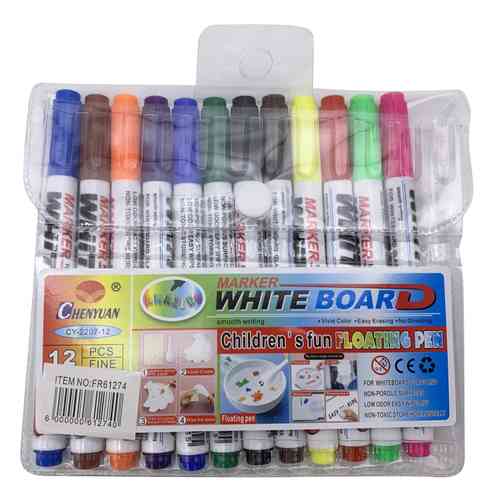[E3218] Marcador de pizarra x12, colores, sirve para hacer figuras flotantes en el agua, en estuche de PVC
