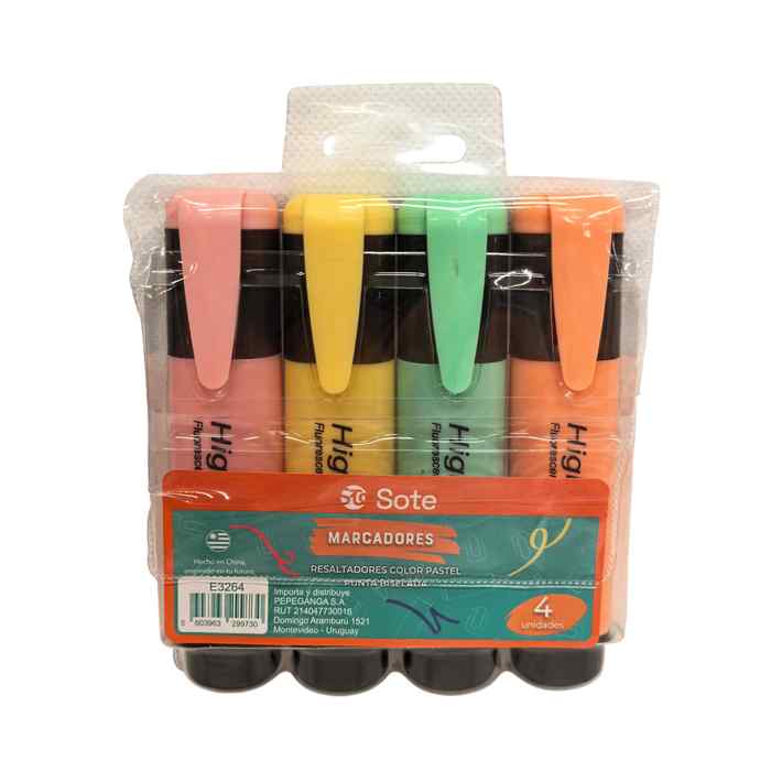 [E3264] Marcador resaltador flúo x4, colores pasteles, SOTE, en estuche de PVC
