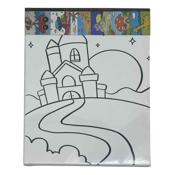Lienzo con bastidor, pincel y 6 témperas, varios diseños, en bolsa