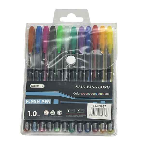 [E3348] Lapicera de gel, x12 colores con brillantina, en estuche de PVC