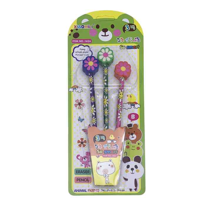 [E3356] Lápiz negro x3, 3 gomas con diseño flores, en blister, PACK x12