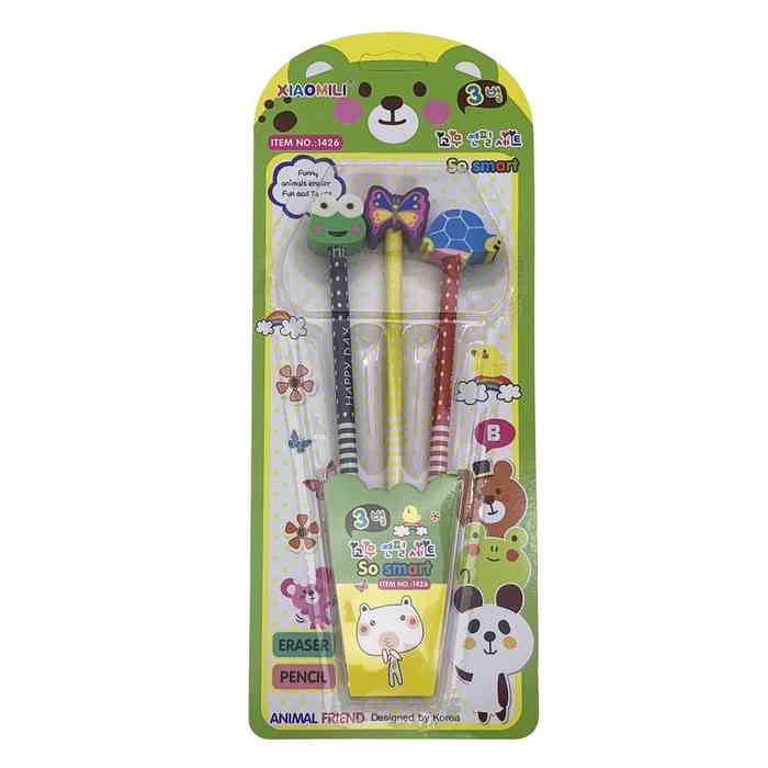 Lápiz negro x3, 3 gomas con diseño surtido, en blister, PACK x12