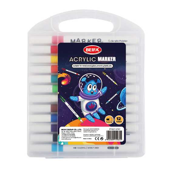 [E3416] Marcadores de pintura acrílica x12 colores, en estuche de plástico, BEIFA