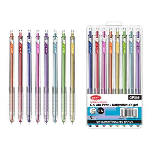 [E3460] Lapicera de gel x8, colores SURTIDOS, punta 0.5, en estuche de plástico, BEIFA