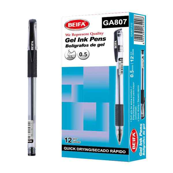 [E3461A] Lapicera de gel x12, NEGRO, punta 0.7, en caja BEIFA