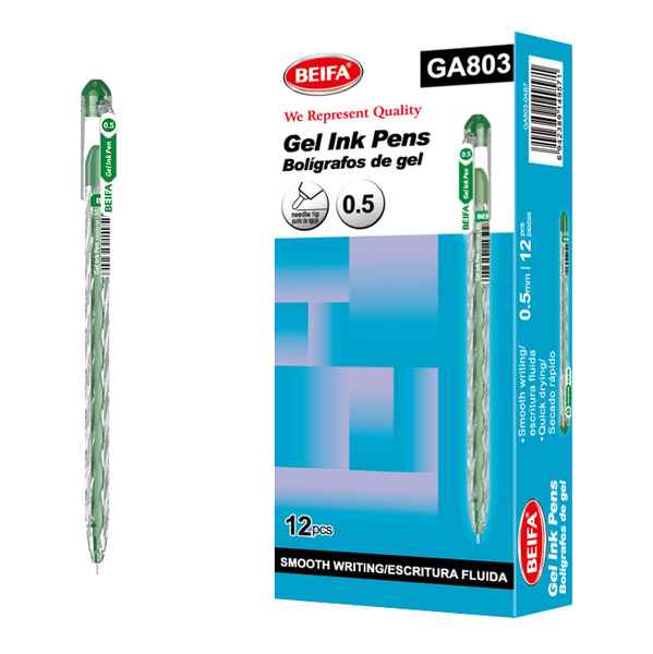 [E3465D] Lapicera de gel x12, VERDE, punta 0.5, en caja BEIFA