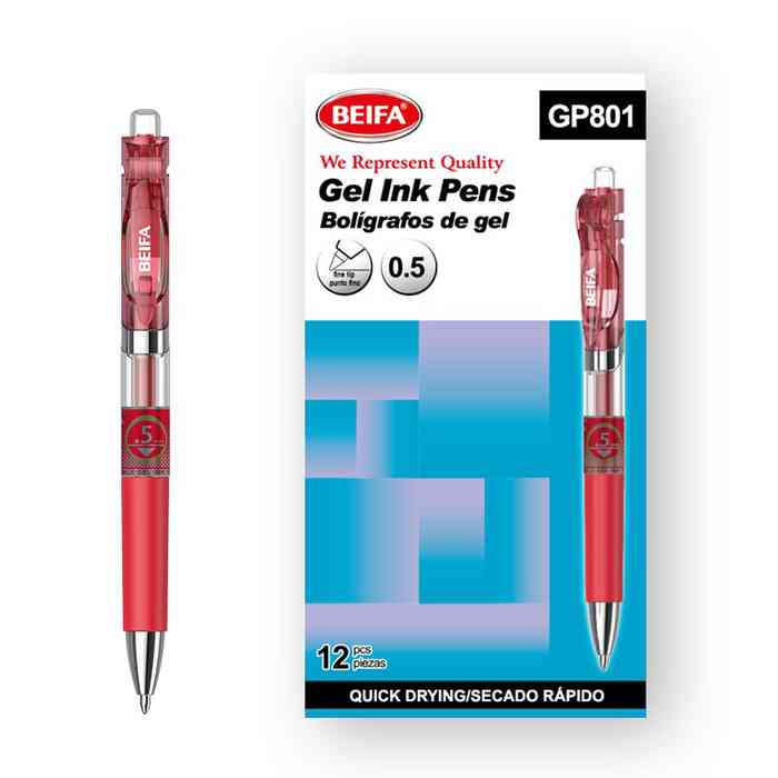 [E3468A] Lapicera de gel x12, ROJO, punta 0.5, retráctil, en caja BEIFA